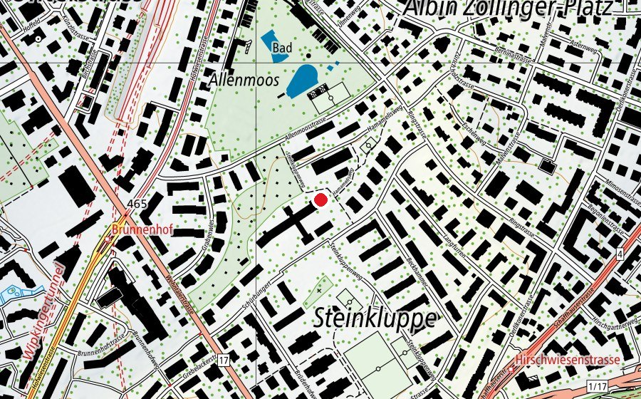 Mappa con la posizione di Sport- und Turnhalle Allenmoos oben (Centro sportivo)