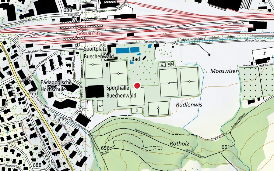 Carte indiquant l’emplacement de Sportanlage Buechenwald (Centre sportif)