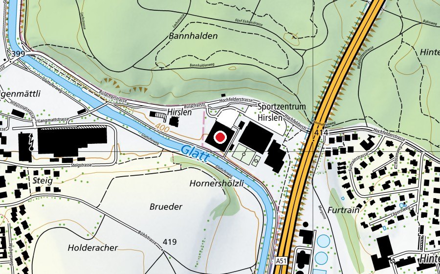 Carte indiquant l’emplacement de Sporthalle Hirslen (Centre sportif)