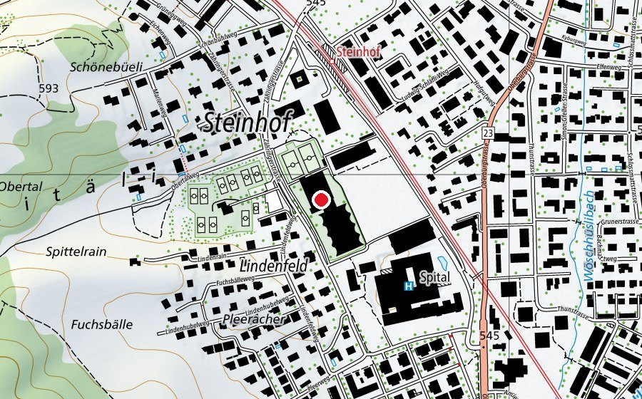 Karte mit dem Standort von Sporthalle Lindenfeld und Tennisbälle Burgdorf AG (Sportanlage)