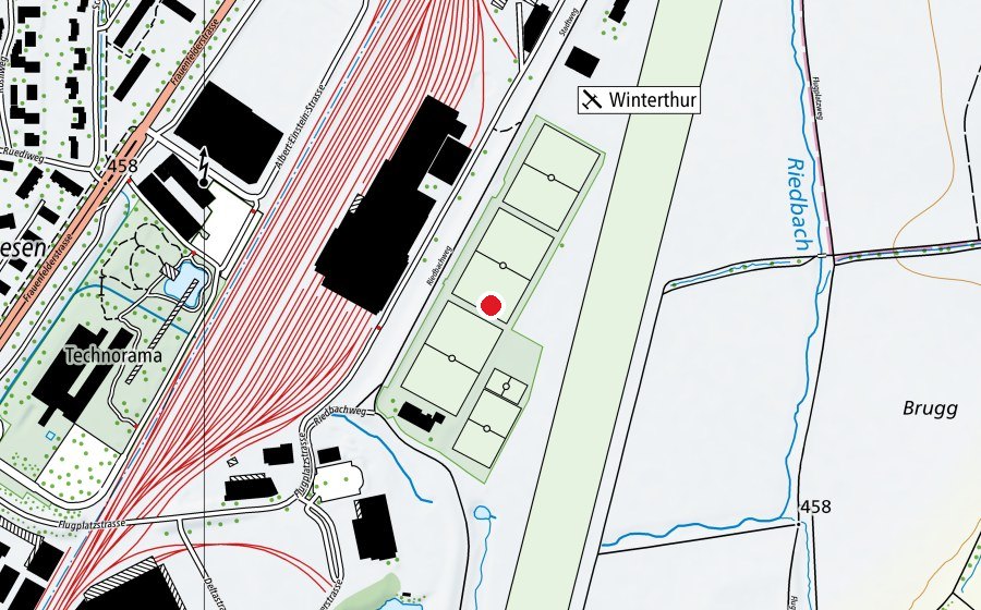 Map showing the location of Sportplatz Hegmatten (Sports centre)