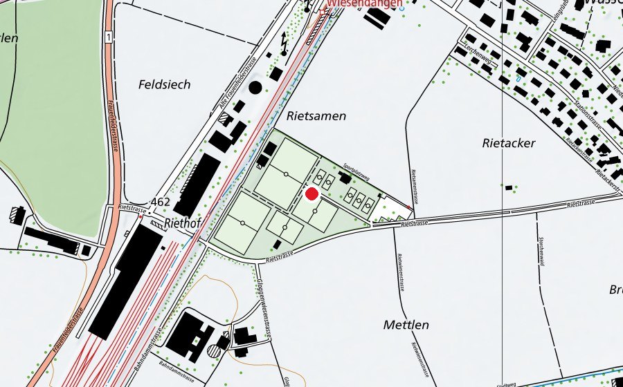 Mappa con la posizione di Sportplatz Rietsamen (Centro sportivo)
