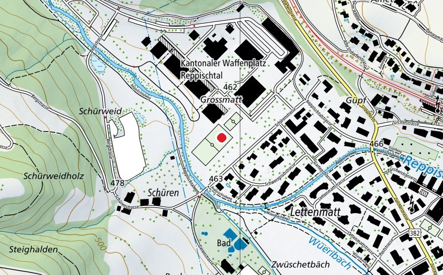 Karte mit dem Standort von Sportplatz Waffenplatz Zürich-Reppischtal (Sportanlage)