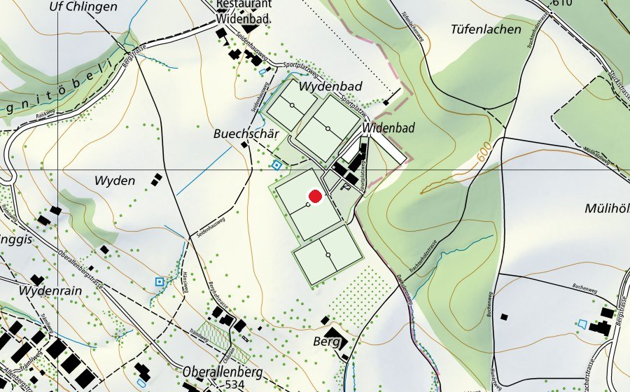 Map showing the location of Sportplatz Widenbad (Sports centre)