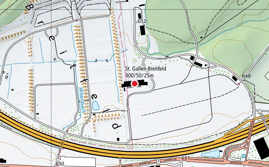 Map showing the location of St. Gallen Breitfeld 300/50/25 m (Sports centre)