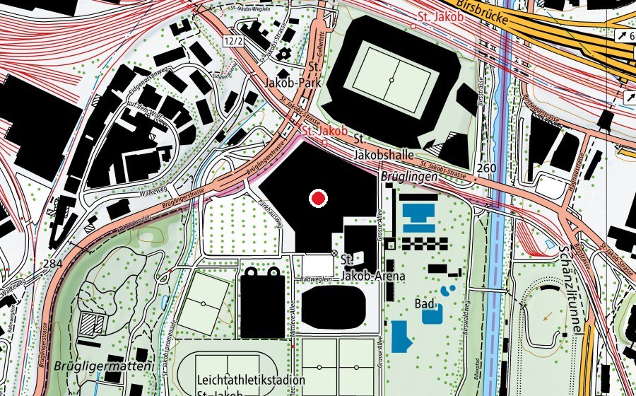 Carte indiquant l’emplacement de St. Jakobshalle (Centre sportif)
