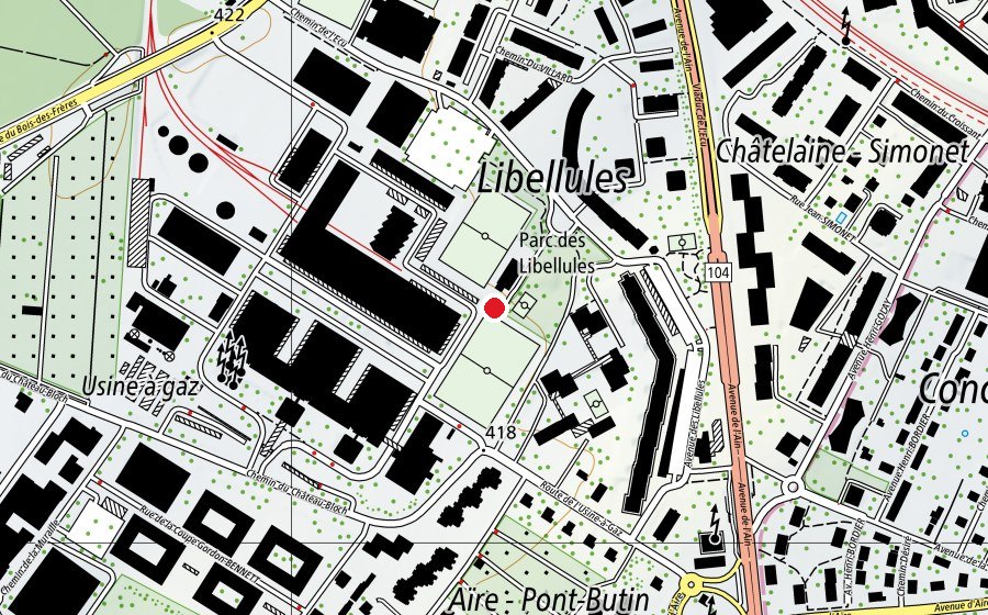 Map showing the location of Stade des Libellules (Sports centre)