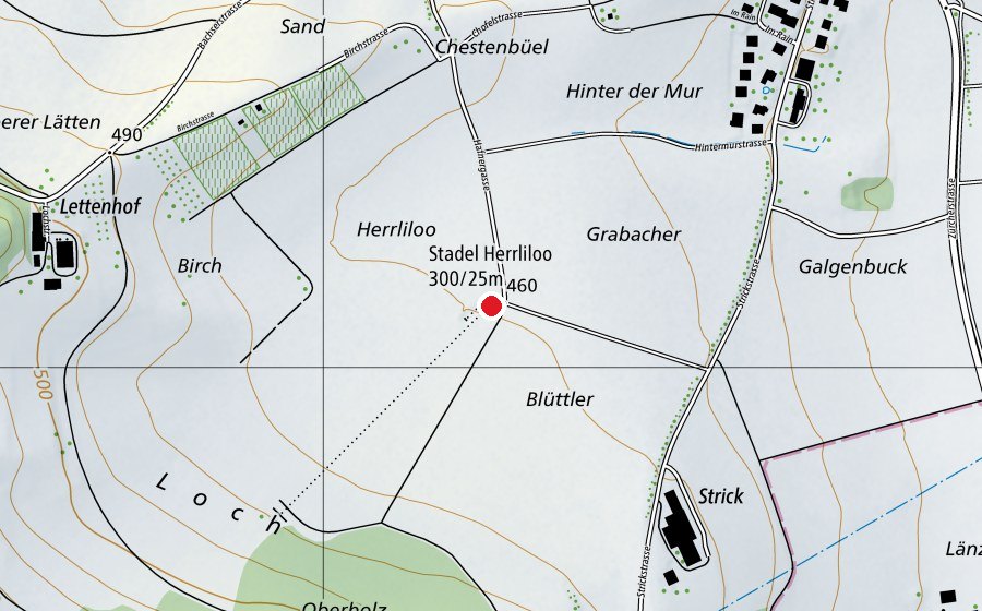 Carte indiquant l’emplacement de Stadel Herrliloo 25/300 m (Centre sportif)