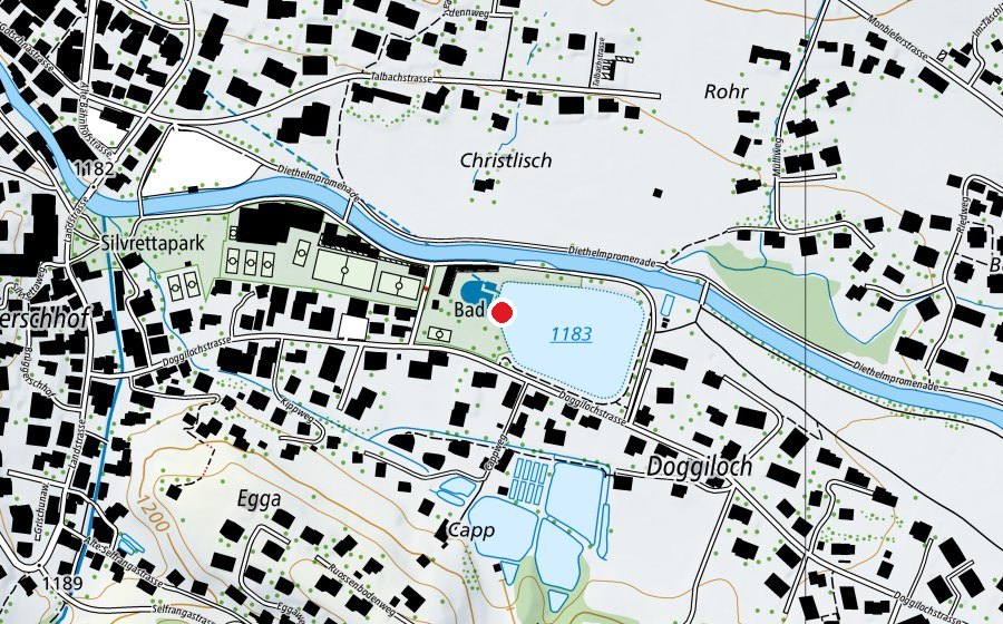 Map showing the location of Strandbad Klosters (Sports centre)