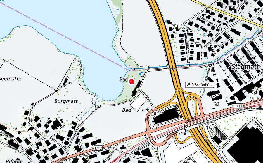 Carte indiquant l’emplacement de Strandbad Moossee (Centre sportif)