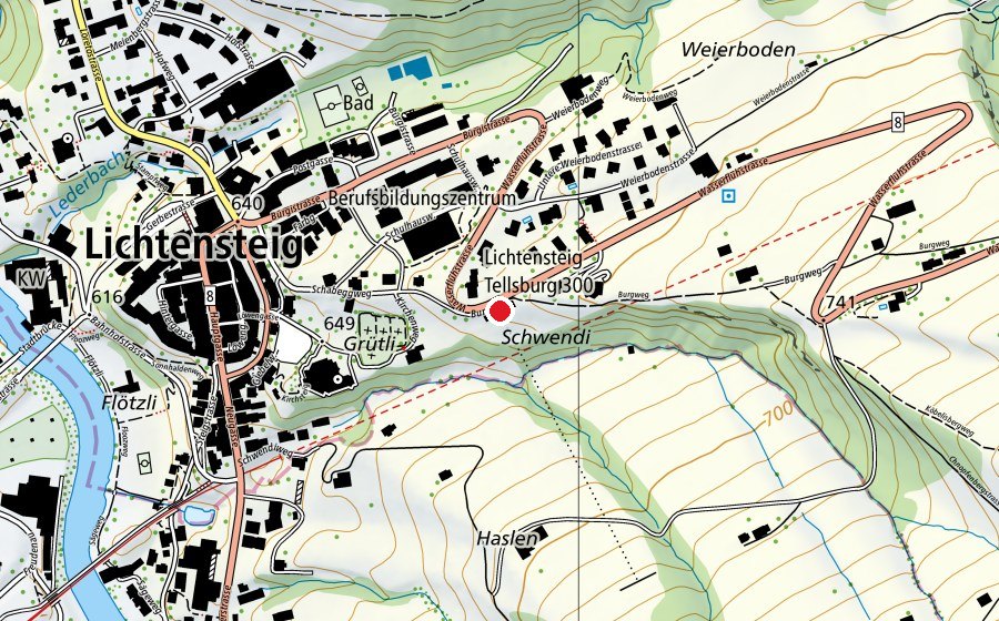 Map showing the location of Tellsburg 300 m (Sports centre)
