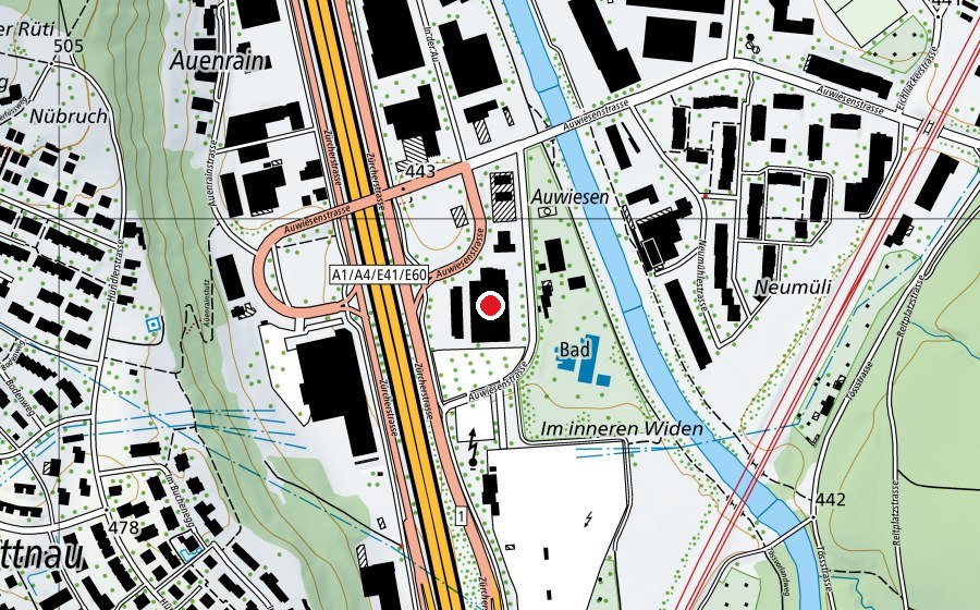 Karte mit dem Standort von Tennis- und Sqashcenter Auwiesen (Sportanlage)
