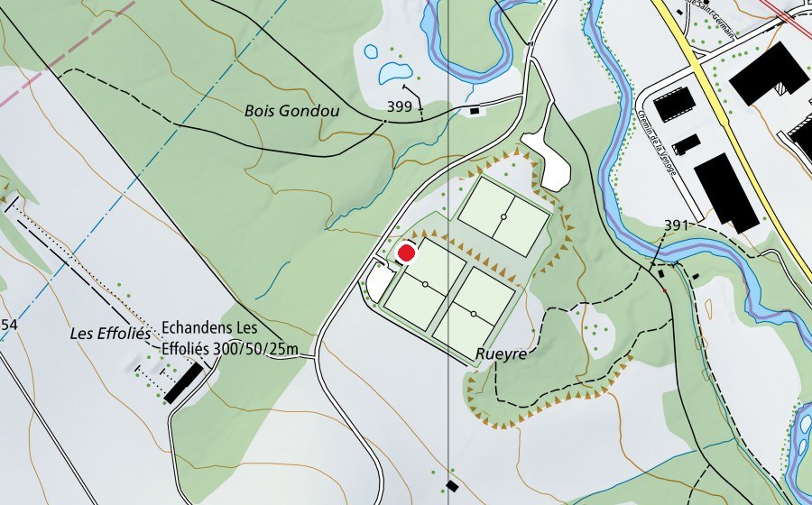 Mappa con la posizione di Terrain de Rueyre (Centro sportivo)