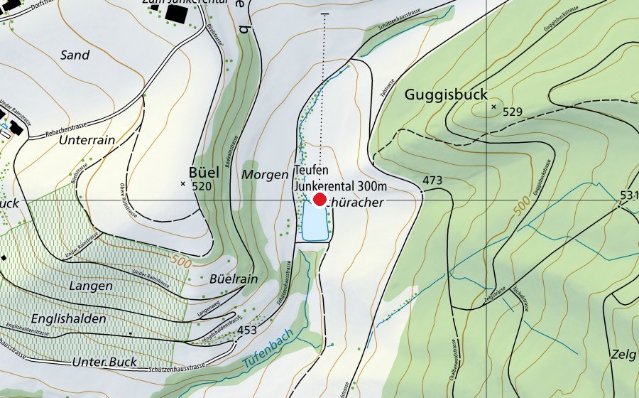 Map showing the location of Teufen Junkerental 300 m (Sports centre)