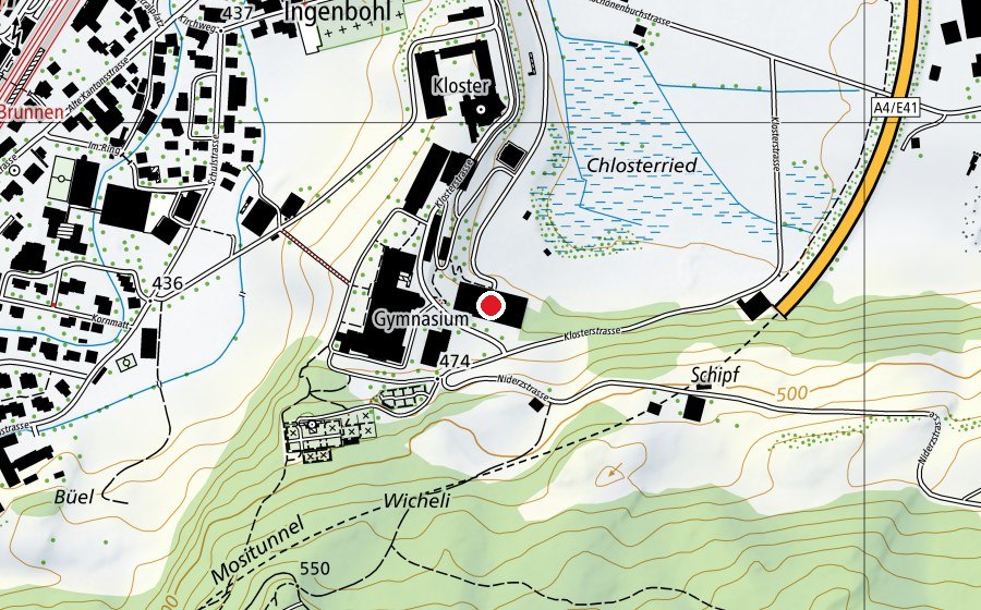 Karte mit dem Standort von Theresianum Sporthalle und Turbine Brunnen (Sportanlage)