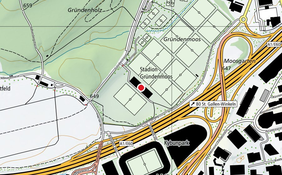Map showing the location of Tribüne/Garderobe (Sports centre)