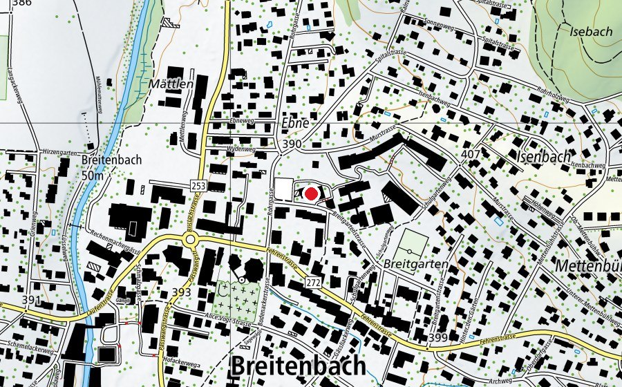 Karte mit dem Standort von Turn- und Schwimmhalle Breitgarten (Sportanlage)