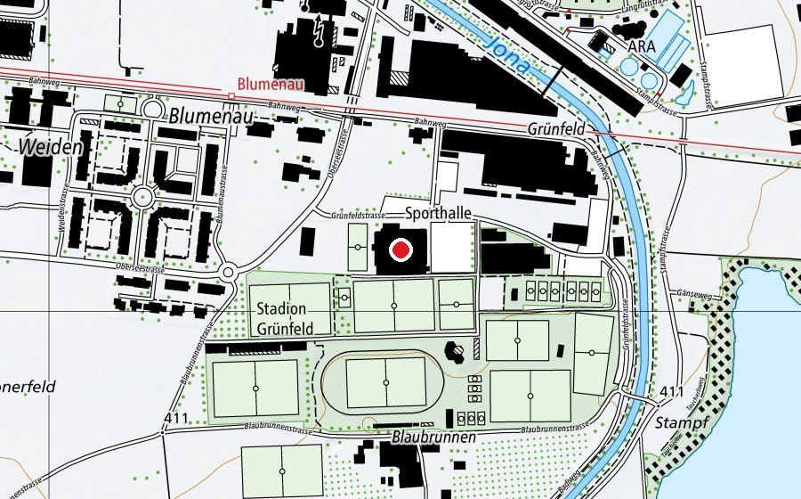 Carte indiquant l’emplacement de Turnhalle Grünfeld (Centre sportif)
