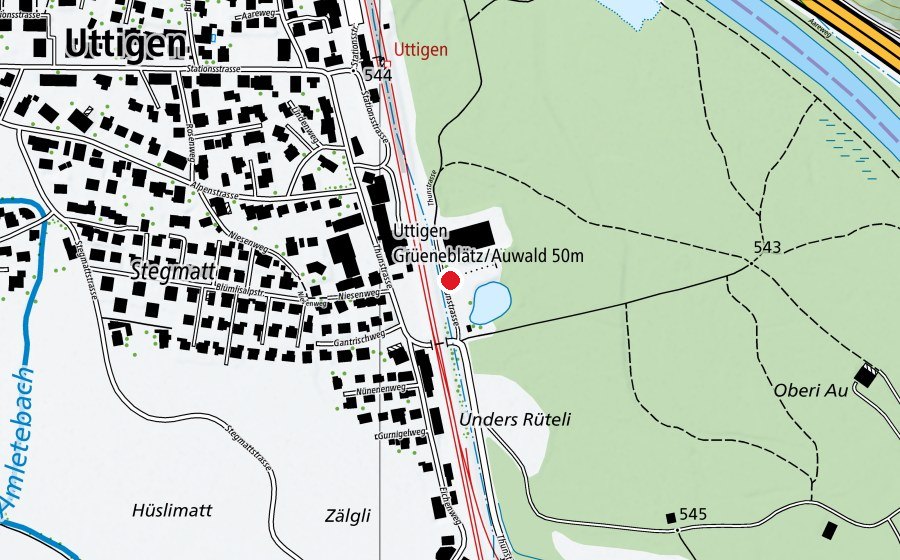 Map showing the location of Uttigen Grüeneblätz/Auwald 50 m (Sports centre)