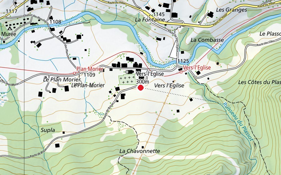 Karte mit dem Standort von Vers l'Eglise 300 m (Sportanlage)