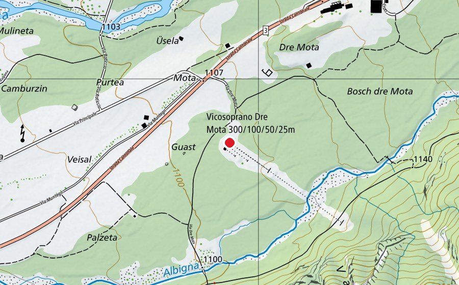 Map showing the location of Vicosoprano Dre Mota 300/100/50/25 m (Sports centre)
