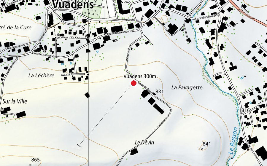 Map showing the location of Vuadens 300 m (Sports centre)