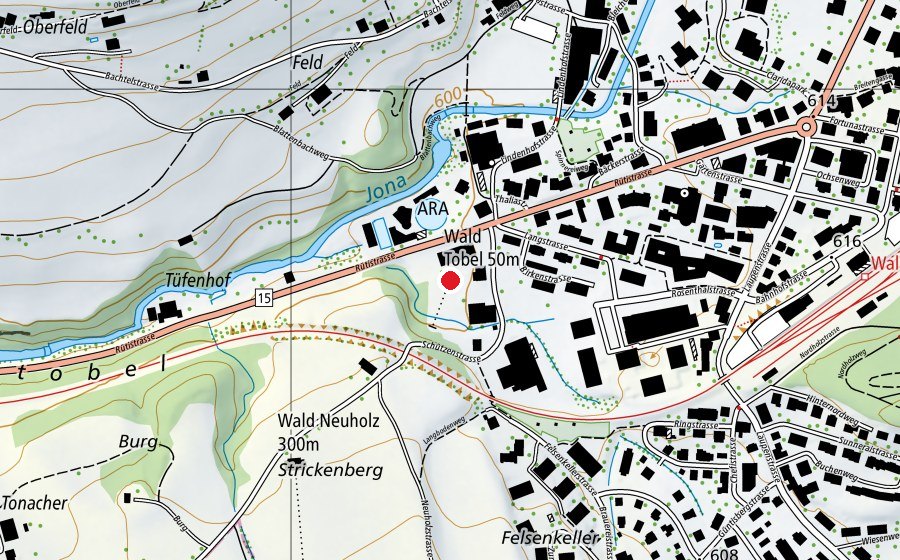 Karte mit dem Standort von Wald Tobel 50 m (Sportanlage)