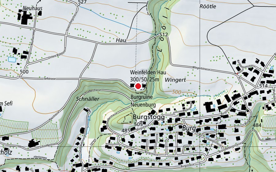 Karte mit dem Standort von Weinfelden Hau 300/50/25 m (Sportanlage)