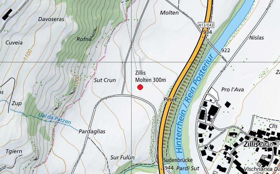 Mappa con la posizione di Zillis Molten 300 m (Centro sportivo)