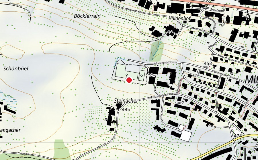 Map showing the location of 100m Bahn (Sports field)