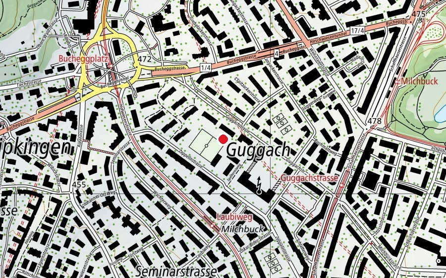 Map showing the location of 100m Bahn (Sports field)