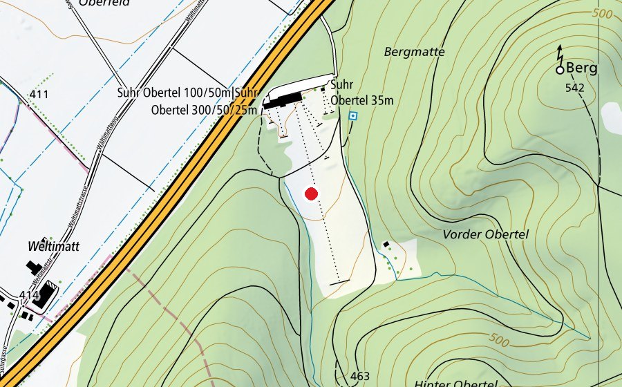 Karte mit dem Standort von 300m Schiessanlage Obertel (Suhr) (Sportplatz)