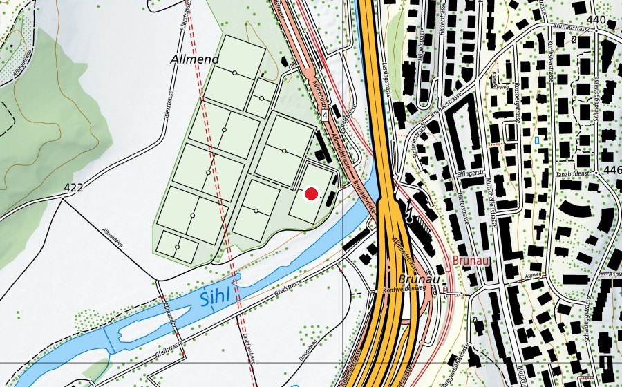 Map showing the location of Allmend Brunau KR3 (Sports field)