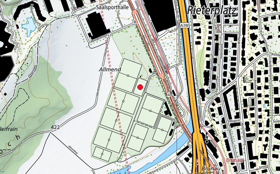 Karte mit dem Standort von Allmend Brunau KR8 (Sportplatz)