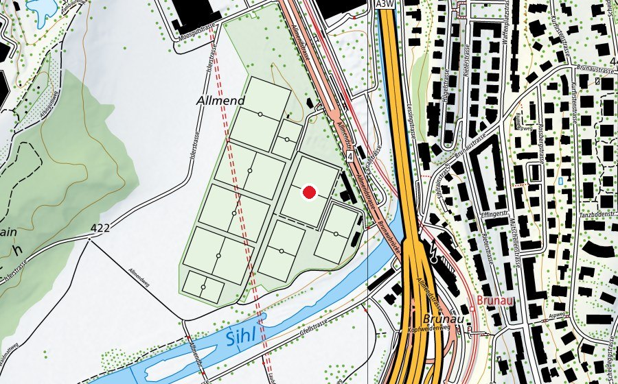 Carte indiquant l’emplacement de Allmend Brunau R1 (Terrain de sport)