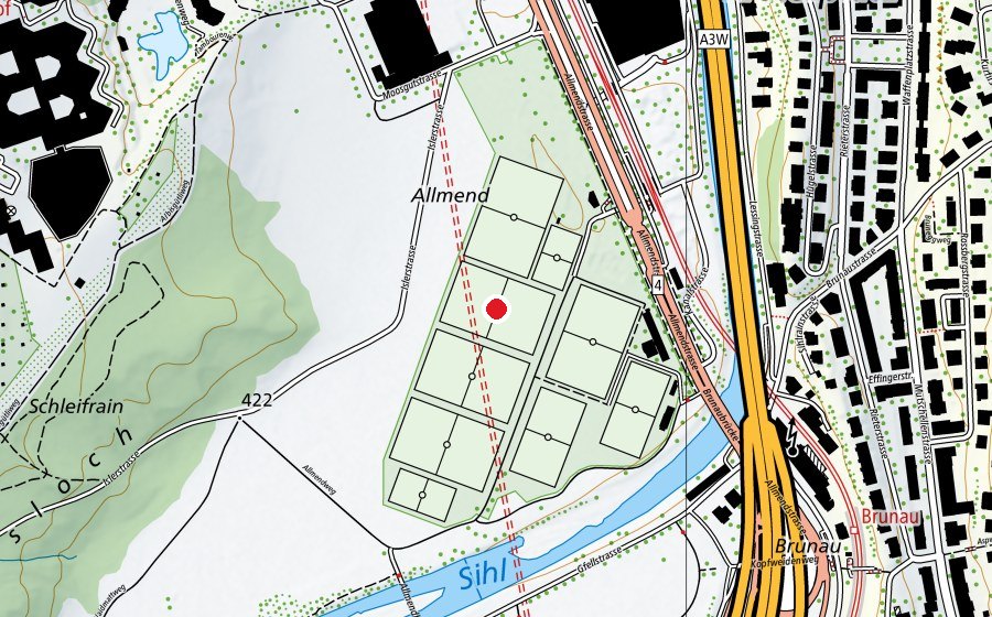 Karte mit dem Standort von Allmend Brunau R6 (Sportplatz)