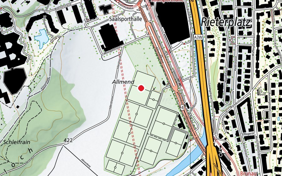 Karte mit dem Standort von Allmend Brunau R7 (Sportplatz)