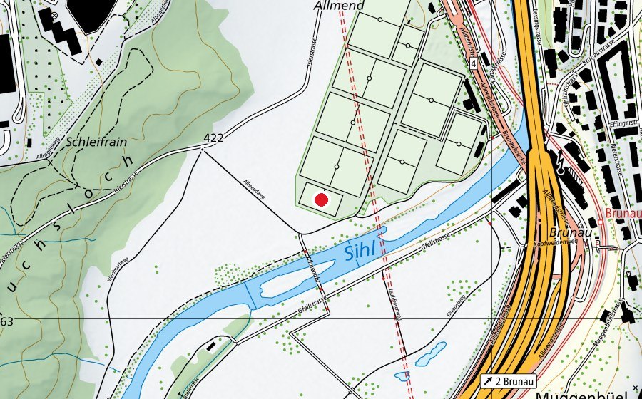 Karte mit dem Standort von Allmend Brunau R9 (Sportplatz)