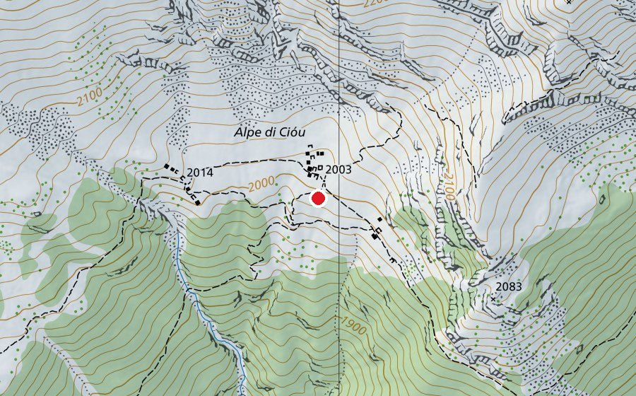 Map showing the location of Alpe di Cióu (Sports field)