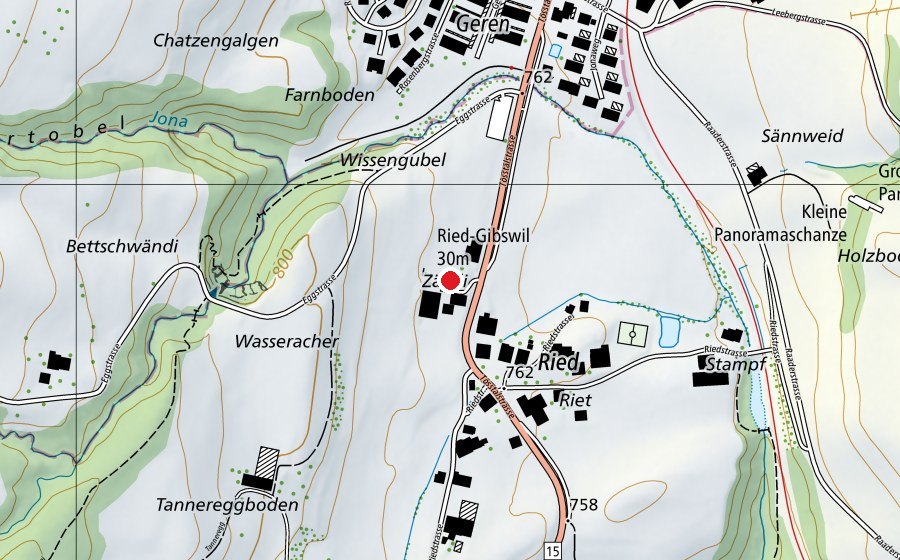 Karte mit dem Standort von Armbrust-Schützenhaus Ried (Sportplatz)