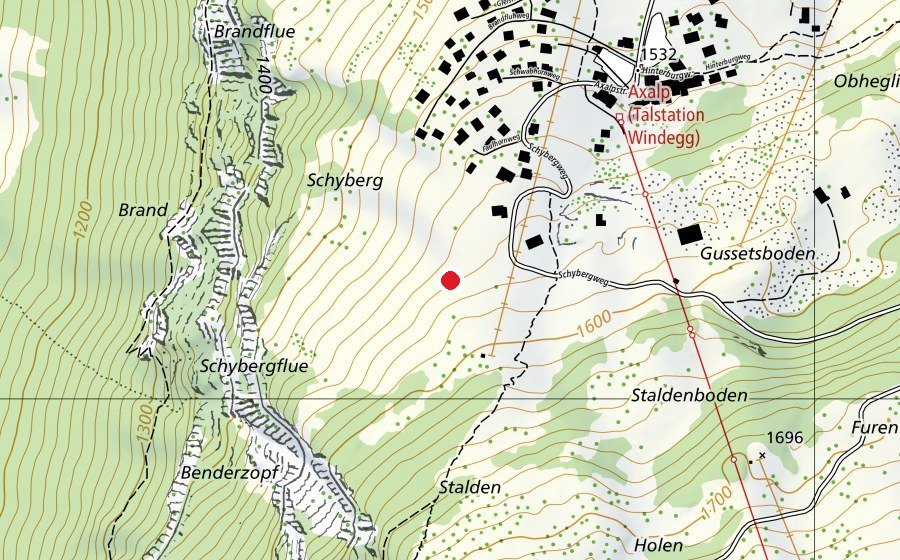 Mappa con la posizione di Axalp Skiberg Startplatz W-NW (Campo sportivo)