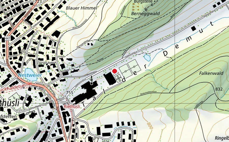 Karte mit dem Standort von Beachvolleyballfeld 1 Riethüsli (Sportplatz)