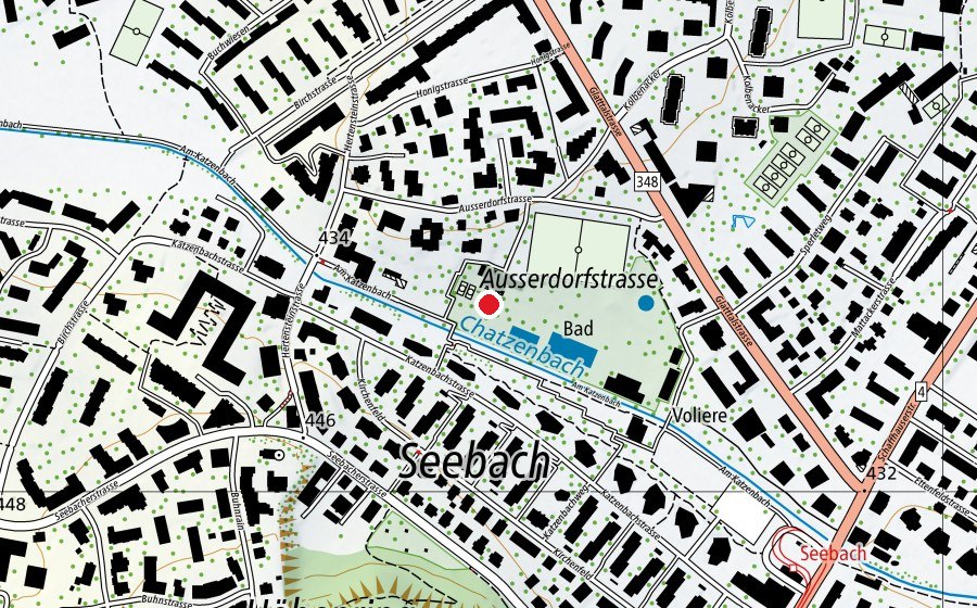 Karte mit dem Standort von Beachvolleyballfeld Freibad Seebach (Sportplatz)