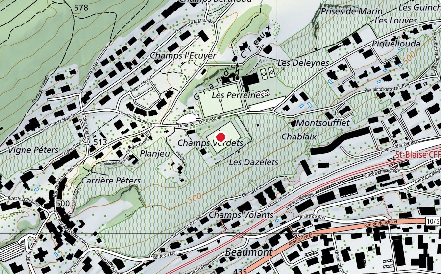 Map showing the location of Champs Verdets (Sports field)