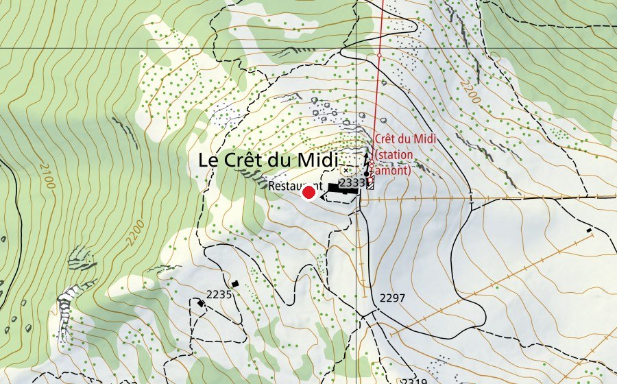Karte mit dem Standort von Décollage Crêt-du-Midi Ouest (Sportplatz)