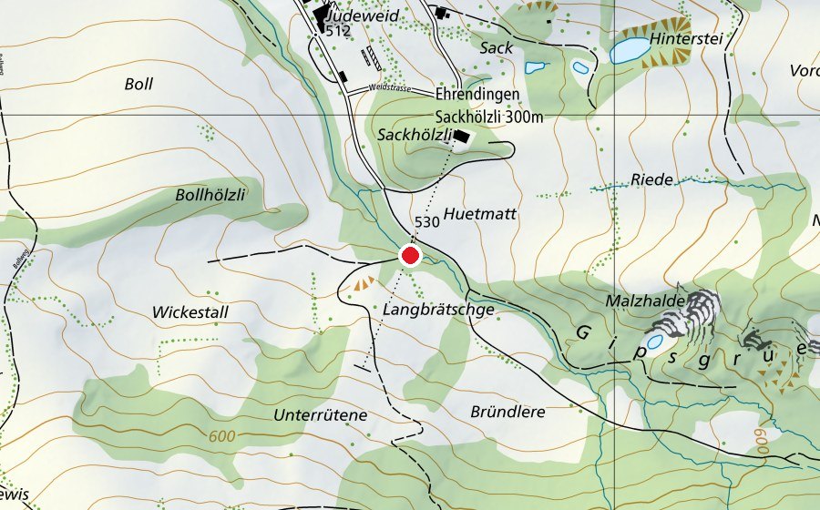 Karte mit dem Standort von Ehrendingen Sackhölzli 300m (Sportplatz)