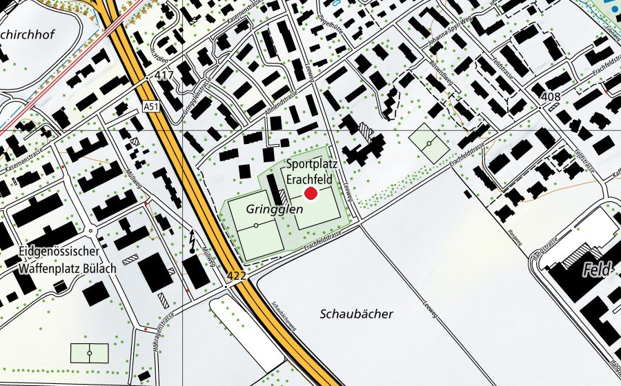 Carte indiquant l’emplacement de Erachfeld - FC-Bülach Platz 1 (Terrain de sport)