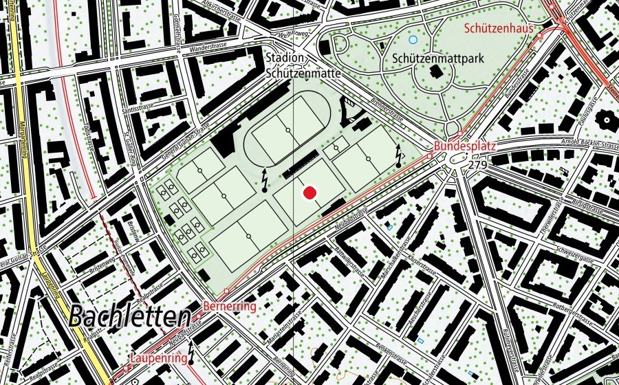 Map showing the location of Feld C (Sports field)