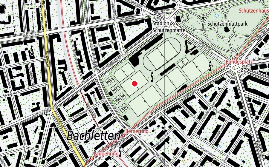 Carte indiquant l’emplacement de Feld E (Terrain de sport)