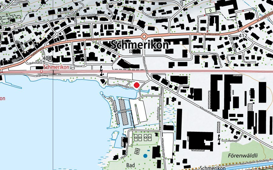 Map showing the location of Fussballplatz am See (Sports field)